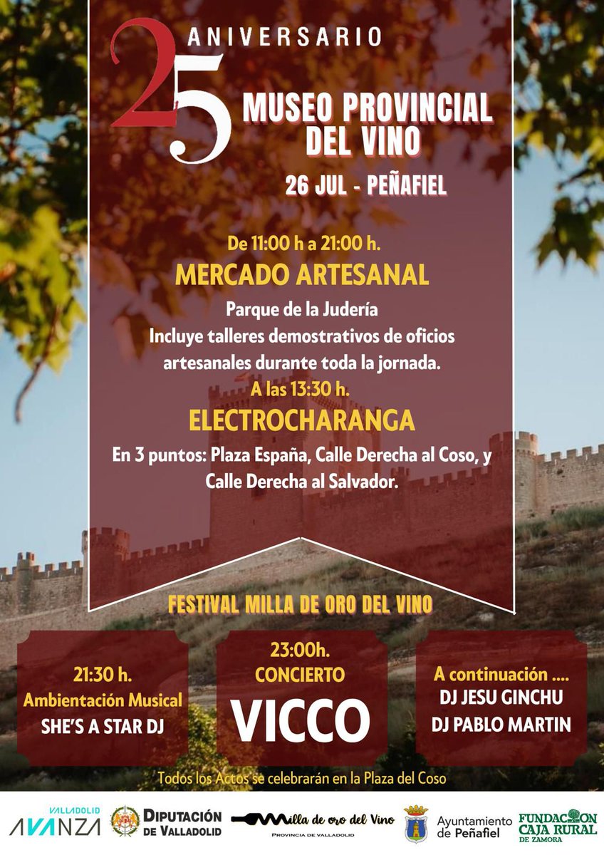 🍇✨ ¡El Museo Provincial del Vino cumple 25 años y lo vamos a celebrar por todo lo alto!

El próximo 26 de julio, la Plaza del Coso de Peñafiel se transforma en escenario de una gran fiesta donde el vino, la música y la emoción serán los protagonistas.

🎤 <a href="/vicco_music/">V I C C O</a> en