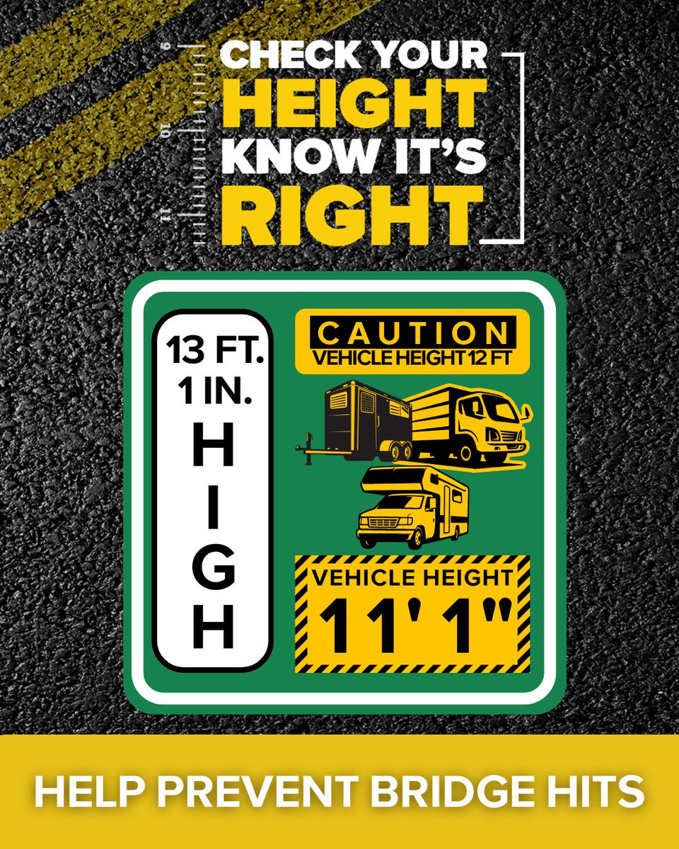 KYTC's tweet image. How can you tell how tall your vehicle or trailer is? 🤔
You can check your height by looking for stickers inside the vehicle or trailer, asking the rental company, or by measuring it yourself! 📏
#checkyourheightknowitsright