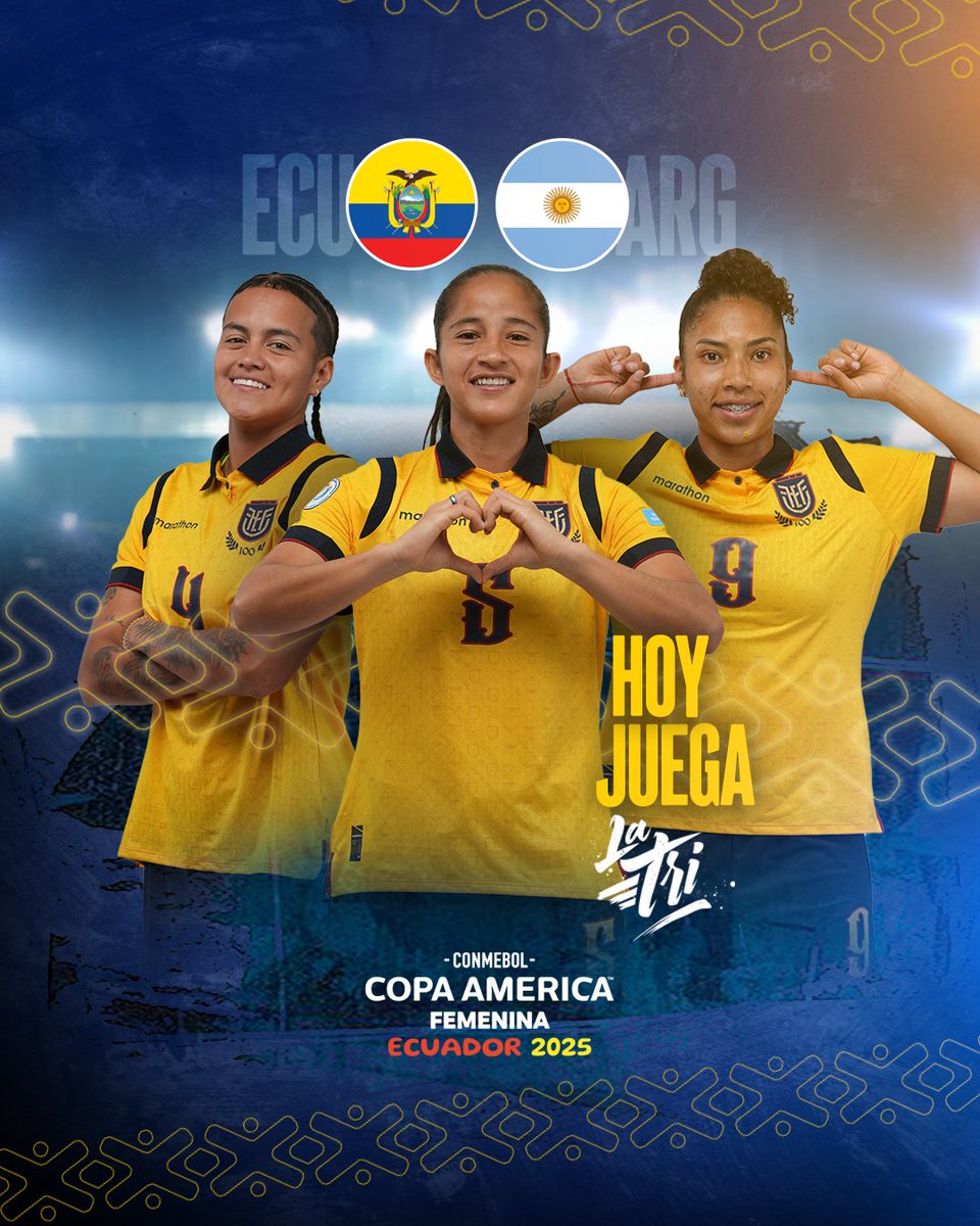 𝐕𝐀𝐌𝐎𝐒 𝐏𝐎𝐑 𝐋𝐀 𝐂𝐋𝐀𝐒𝐈𝐅𝐈𝐂𝐀𝐂𝐈𝐎́𝐍

🆚 🇦🇷
⌚️ 19H00
🏟️ Estadio IDV
🗓️ Fecha 5 - Fase de Grupos
🏆 CONMEBOL Copa América Femenina
🎟️ copaamerica.com/en/copa-americ…

#UnaSoLaTri 🇪🇨