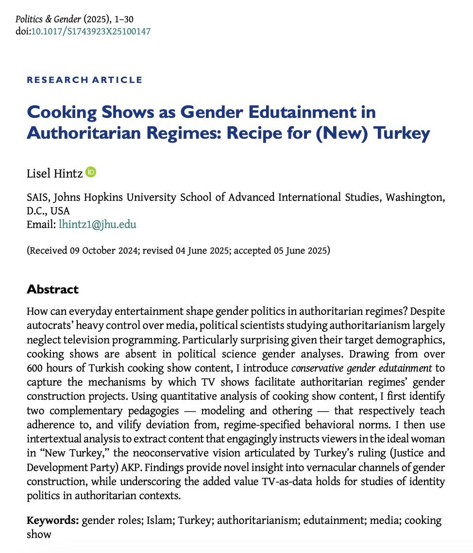 PoliticsGenderJ's tweet image. 📣 Out on #FirstView 📣
@LiselHintz introduces the concept of "conservative gender edutainment" to highlight the role of the media in authoritarian regimes in "Cooking Shows as Gender Edutainment in Authoritarian Regimes".
buff.ly/5bezcnG