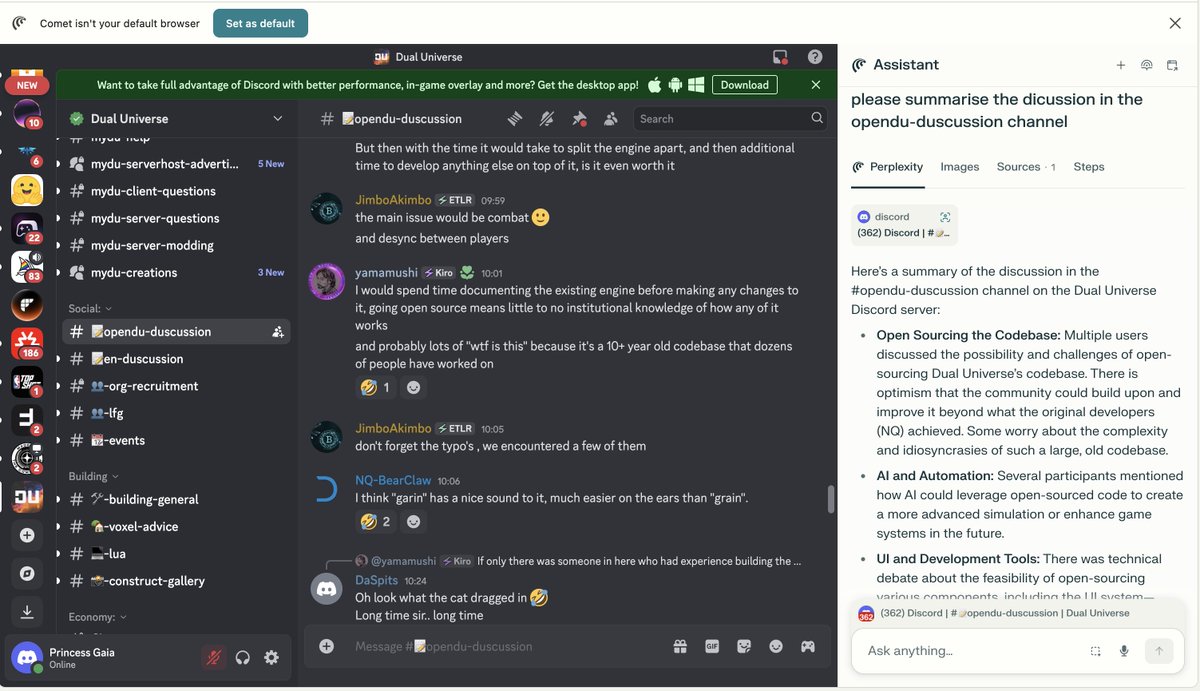 Nicolas Granatino🌻 (@ngranati) on Twitter photo <a href="/AravSrinivas/">Aravind Srinivas</a> Discord on Comet is also like Super Comet.
Community channel discussing open sourcing the code base of space MMO <a href="/dualuniverse/">Dual Universe</a>. Summary below:
Here’s a summary of the discussion in the #opendu-duscussion channel on the Dual Universe Discord server:
Open Sourcing the Codebase: <a href="/AravSrinivas/">Aravind Srinivas</a> Discord on Comet is also like Super Comet.
Community channel discussing open sourcing the code base of space MMO <a href="/dualuniverse/">Dual Universe</a>. Summary below:
Here’s a summary of the discussion in the #opendu-duscussion channel on the Dual Universe Discord server:
Open Sourcing the Codebase: