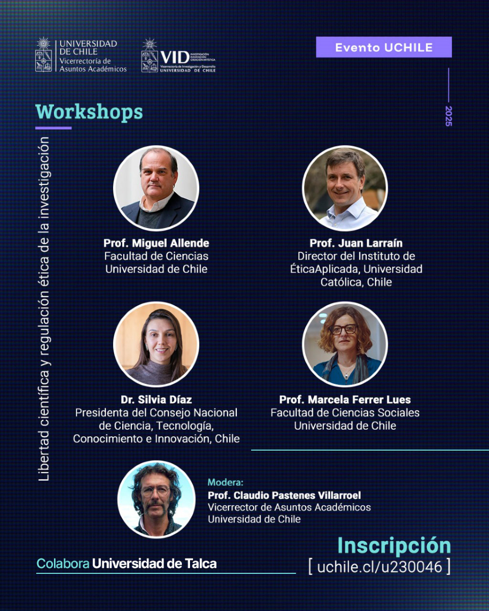 UTalca's tweet image. Workshop "Libertad y responsabilidad científica: Desafíos y oportunidades".
🗓️Viernes 25 Julio.
🕘 09:00 a 13:00 horas.
📍Casa Central Universidad de Chile.