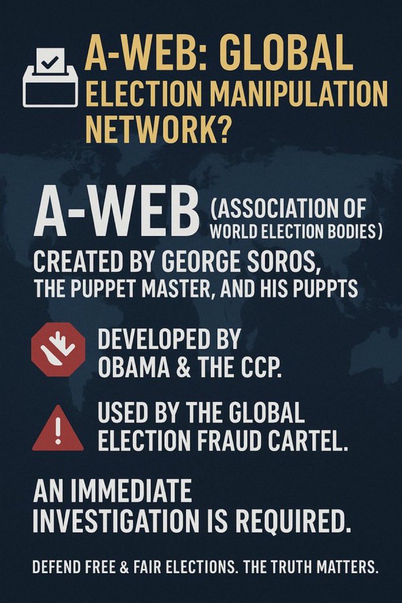 dkd_eks344's tweet photo. Global election rigging?
A-WEB — backed by Soros, USAID & the CCP — is accused of manipulating votes worldwide.
#StopElectionFraud #ExposeAWeb #TruthMatters https://t.co/iTfmaAtkv6