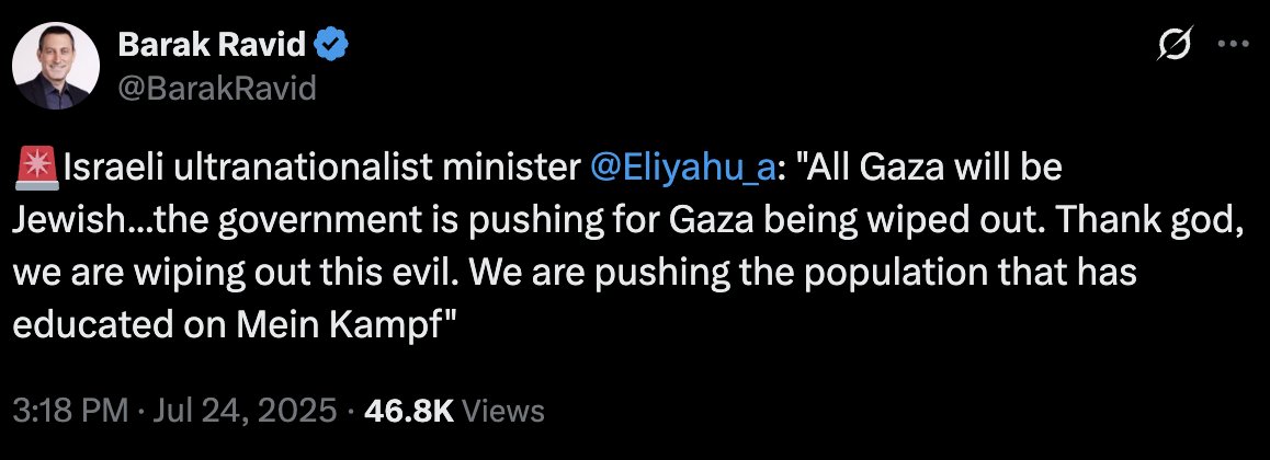 No one should be in any doubt about this: 
Ministers in the Israeli government are openly declaring their intention for the ethnic cleansing of Palestinians in Gaza. 
This genocidal rhetoric is transparent &amp; blatant.
And they are following up with actions to that effect.
