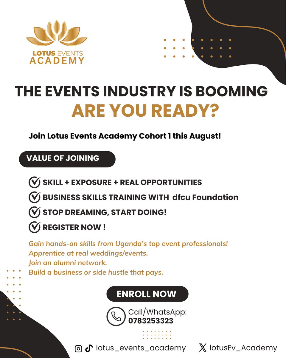norbert_walter's tweet image. Before that big breakout, you must be prepared ✨️
@LotusEv_Academy is here to prepare all the events industry moguls with an all-hands-on training.
Secure your place at only 50% of UGX 2M
WhatsApp: +256783253323 to make your payments today.