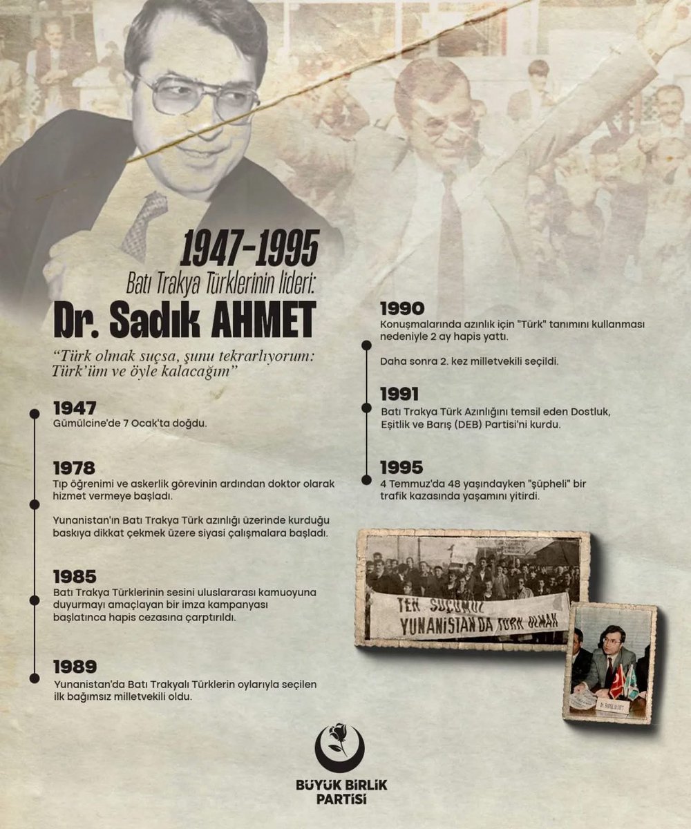 Batı Trakya Türklerinin unutulmaz lideri ve Dostluk Eşitlik Barış Partisi’nin kurucusu Dr. Sadık Ahmet’i vefatının 30. yıl dönümünde rahmetle ve saygıyla yad ediyoruz.
#bbpgürsu