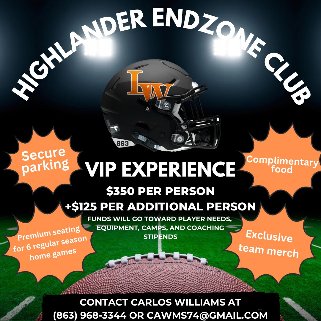 🚨HIGHLANDER ENDZONE CLUB🚨

This season we are offering a VIP experience as we launch our Highlander Endzone Club!!! For $350 you will receive premium seating to all regular season home games, secure parking, complimentary food, and exclusive team merch!