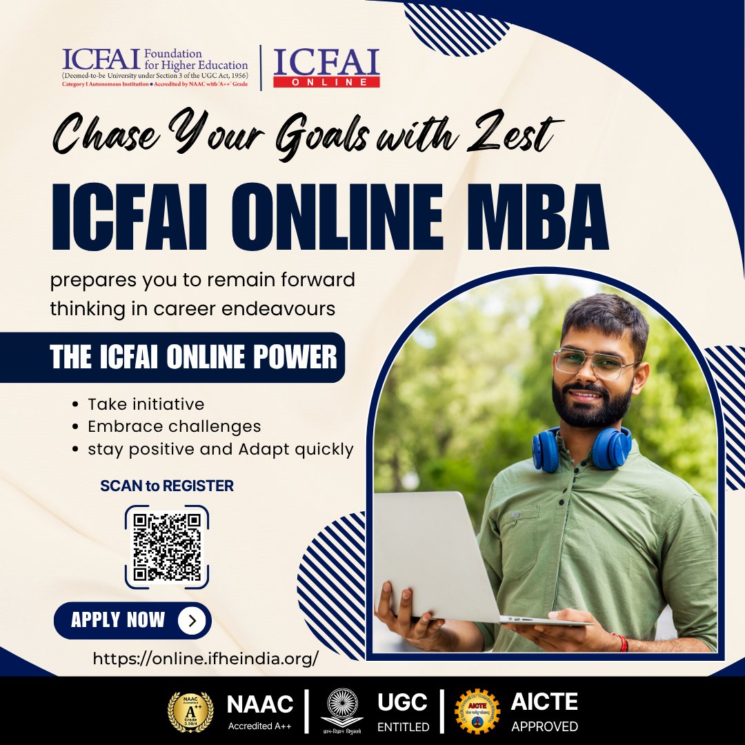 IcfaiOnline's tweet image. Chase Your Goals with Zest! ICFAI Online MBA prepares you to remain forward-thinking in career endeavours.

Apply now: online.ifheindia.org

#ICFAIOnline #yourgoals #forwardthinking #OnlineMBA #ICFAIOnlineMBA #businesseducation #businessmindset #entrepreneurmindset #Careers