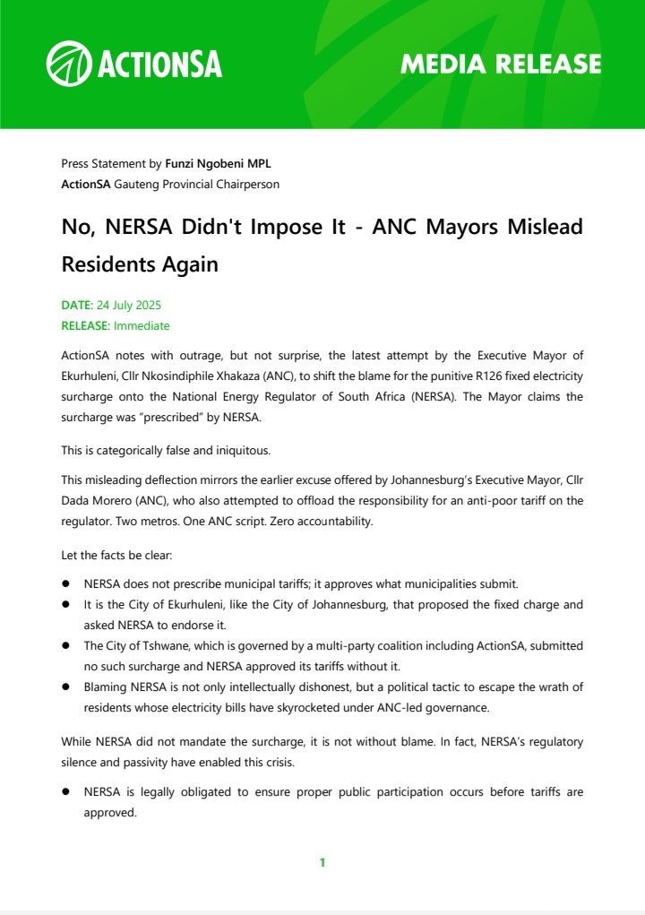 ActionSA_GP's tweet image. Following violent unrest in Tembisa against the implementation of the electricity surcharge and its subsequent suspension, ActionSA is outraged by the misleading and iniquitous claims by the Executive Mayor of Ekurhuleni, Nkosindiphile Xhakaza, that this surcharge was…