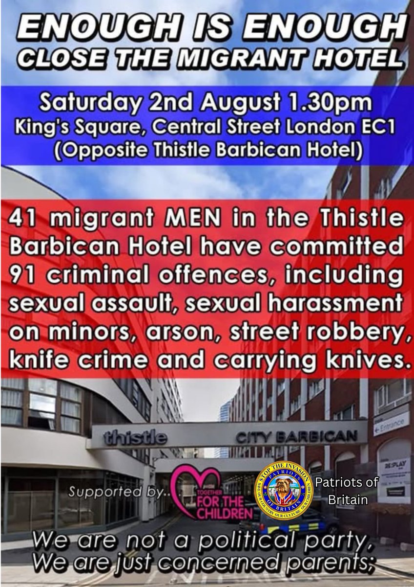 RBMSteve's tweet image. Huge protest coming up on the 02/08/25 by @POB4LIFE Supported by @4TheChildrenLDN. This one should be HUGE. Time to make a stand and peacefully protest that we SAY NO to our hotels being used to house migrants, making OUR streets unsafe and increasing local crime! 🇬🇧💪🫡.