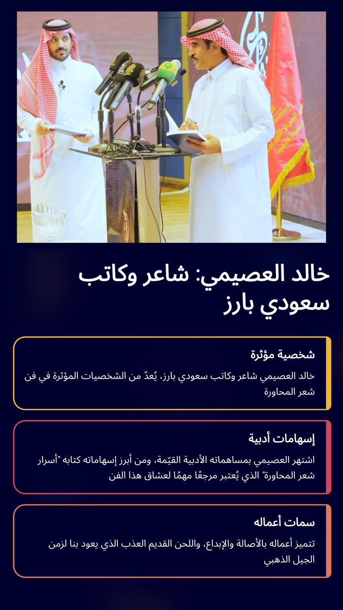 خالد العصيمي شاعر وكاتب سعودي بارز،يُعدّ من الشخصيات المؤثرة في فن شعرالمحاورة،اشتهر العصيمي بمساهماته الأدبيةالقيّمة،ومن أبرز إسهاماته كتابه“أسرارشعرالمحاورة"الذي يُعتبر مرجعًامهمًا لعشاق هذا الفن،وتتميز أعماله بالأصالةوالإبداع،واللحن القديم العذب الذي يعود بنا لزمن الجيل الذهبي