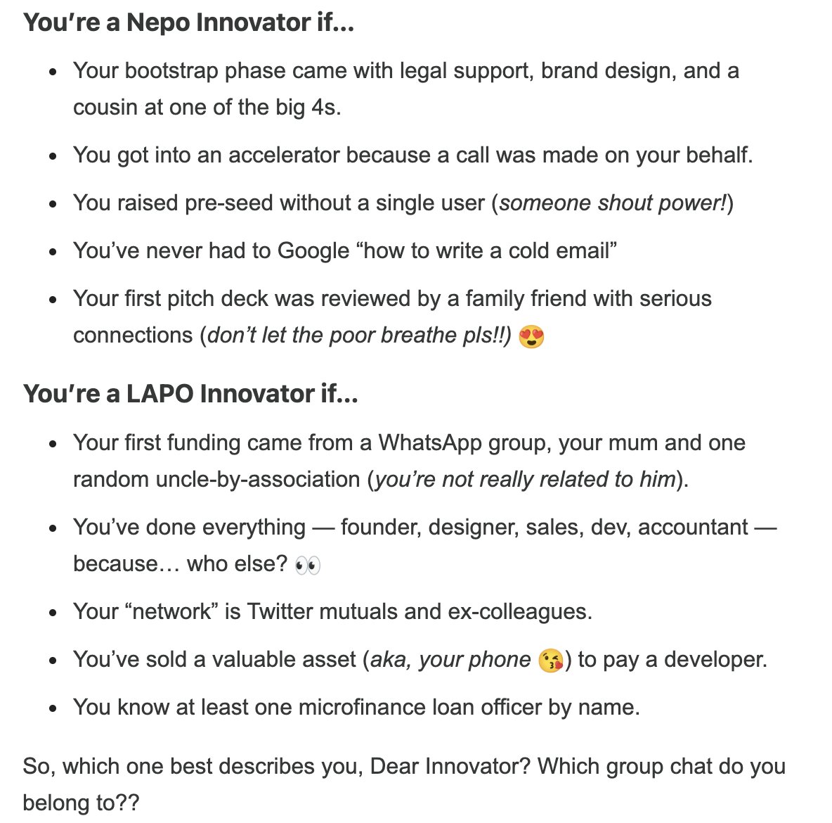 OfficialSamAyo's tweet image. 😂😂😂, My name's written all over the LAPO innovator.
shoutout to @ConsonanceClub for this newsletter, this one got me laughing...