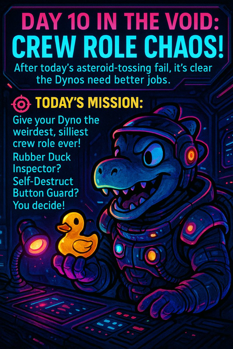 Hubris | BL0CK #0008 | ADL (@hubriszxc) on Twitter photo Day 10 in the Void: Crew Role Chaos!
After todayโs asteroid-tossing fail, itโs clear the Dynos need better jobs.
Todayโs Mission:
Give your Dyno the weirdest, silliest crew role ever!
Rubber Duck Inspector? Self-Destruct Button Guard? You decide!
<a href="/AngryDynomites/">Angry Dynomites Lab ๐ฆ</a> Day 10 in the Void: Crew Role Chaos!
After todayโs asteroid-tossing fail, itโs clear the Dynos need better jobs.
Todayโs Mission:
Give your Dyno the weirdest, silliest crew role ever!
Rubber Duck Inspector? Self-Destruct Button Guard? You decide!
<a href="/AngryDynomites/">Angry Dynomites Lab ๐ฆ</a>