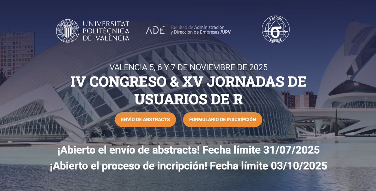 jdieramon's tweet image. ¡El evento del año llega a Valencia! rvalencia.webs.upv.es
Aún estás a tiempo de enviar tu abstract. Los socios de @R_Hisp pueden aprovechar la tarifa reducida. Si quieres asociarte, solo hay que completar este formulario : docs.google.com/forms/d/1qq2l2…