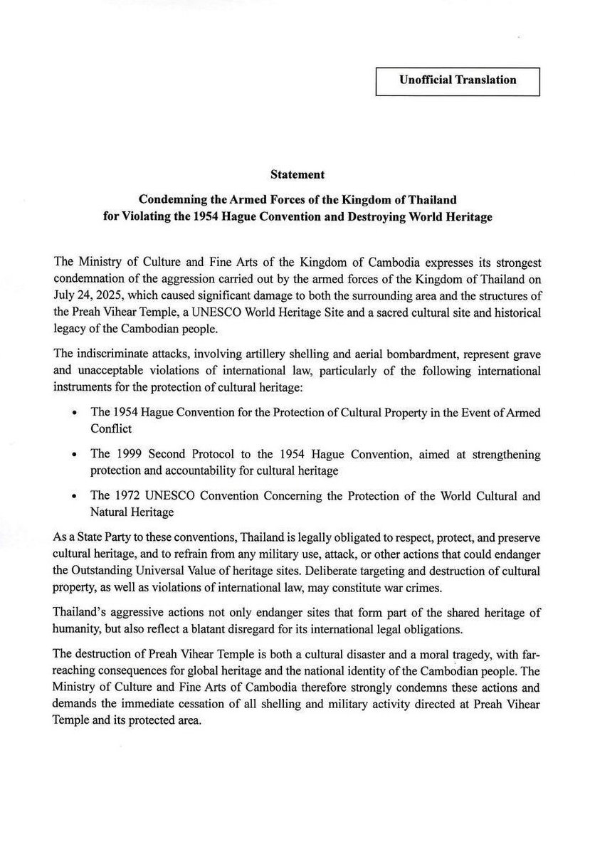 KampucheaPresse's tweet photo. Statement: Condemning the Armed Forces of the Kingdom of Thailand for Violating the 1954 Hague Convention and Destroying World Heritage

#Cambodia #WorldHeritage #PreahVihea #BorderDispute #UNESCO https://t.co/fGl5VTVBNQ