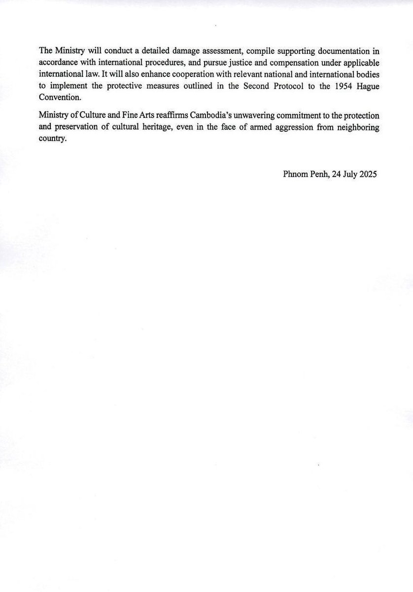 KampucheaPresse's tweet photo. Statement: Condemning the Armed Forces of the Kingdom of Thailand for Violating the 1954 Hague Convention and Destroying World Heritage

#Cambodia #WorldHeritage #PreahVihea #BorderDispute #UNESCO https://t.co/fGl5VTVBNQ