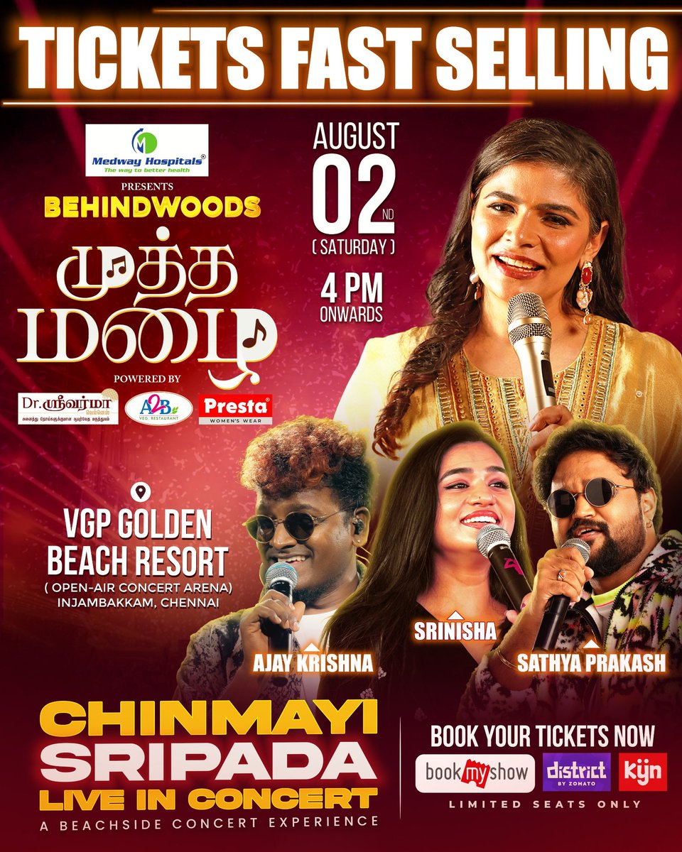 behindwoods's tweet image. 🎤✨ Behindwoods Muththa Mazhai – Live in Concert
Featuring the soulful Chinmayi Sripada
📅 Date: August 2nd, 2025
🕓 Time: 4 PM onwards
📍 Venue: VGP Golden Beach Resort – Open Air Concert Arena, Injambakkam, Chennai
🎶 Let the music speak – an evening of unforgettable…