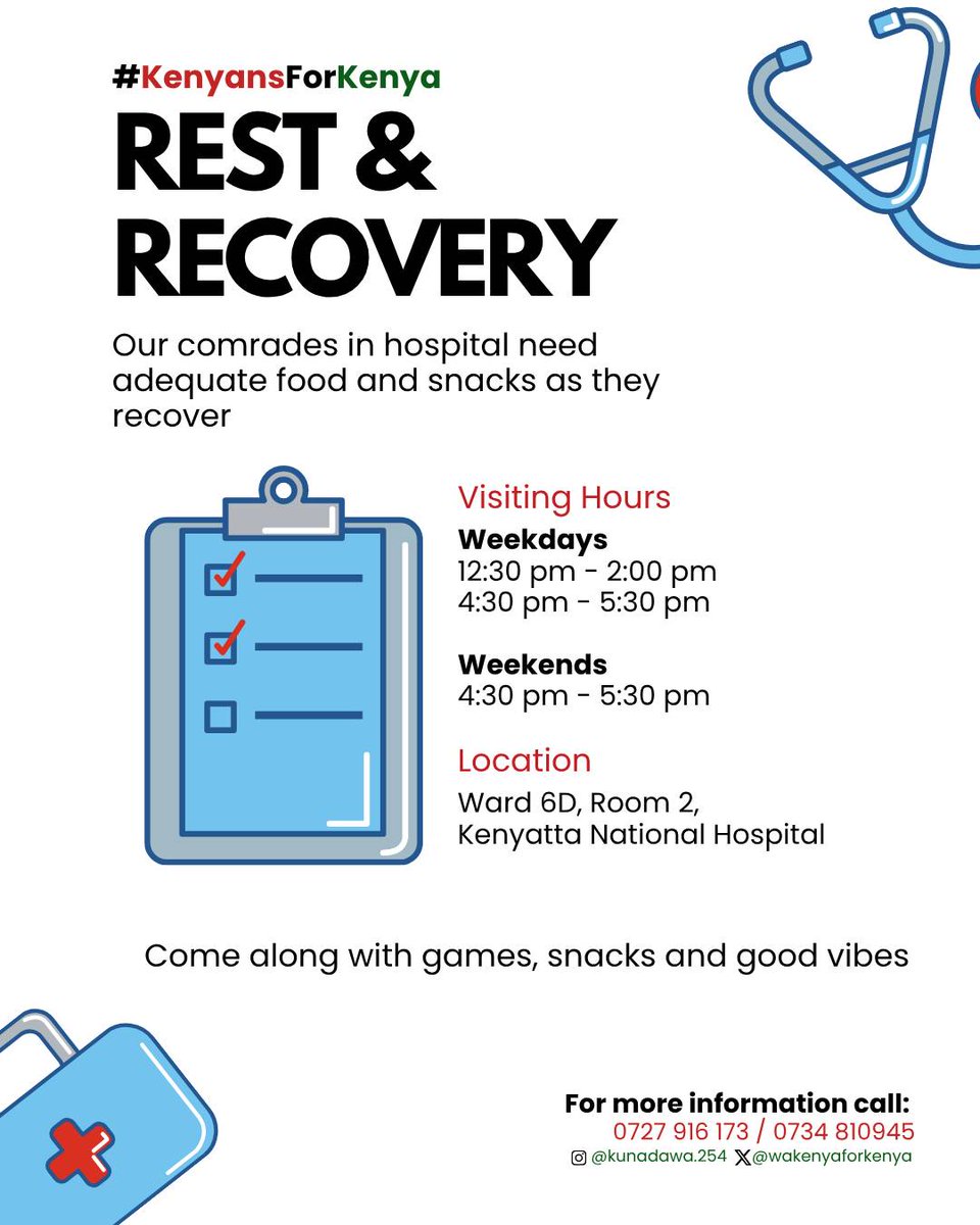 WakenyaForKenya's tweet image. Got an hour to spare? Donate your time.
Sometimes, the greatest gift is simply showing up. Our comrades recovering at Kenyatta National Hospital could use your presence, kindness, and conversation.
Bring a game, a snack, a story, or just your good energy.