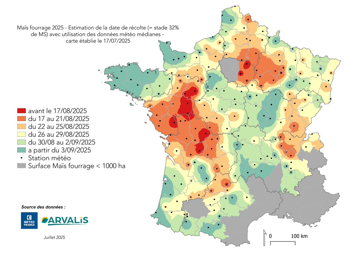 ARVALIS et ses partenaires proposent une 𝗽𝗿𝗲𝗺𝗶𝗲̀𝗿𝗲 𝗰𝗮𝗿𝘁𝗼𝗴𝗿𝗮𝗽𝗵𝗶𝗲 𝗱𝗲𝘀 𝗱𝗮𝘁𝗲𝘀 𝗽𝗿𝗲́𝘃𝗶𝘀𝗶𝗼𝗻𝗻𝗲𝗹𝗹𝗲𝘀 𝗱𝗲 𝗿𝗲́𝗰𝗼𝗹𝘁𝗲 𝗱𝘂 𝗺𝗮𝗶𝘀 𝗳𝗼𝘂𝗿𝗿𝗮𝗴𝗲 🚜🌽