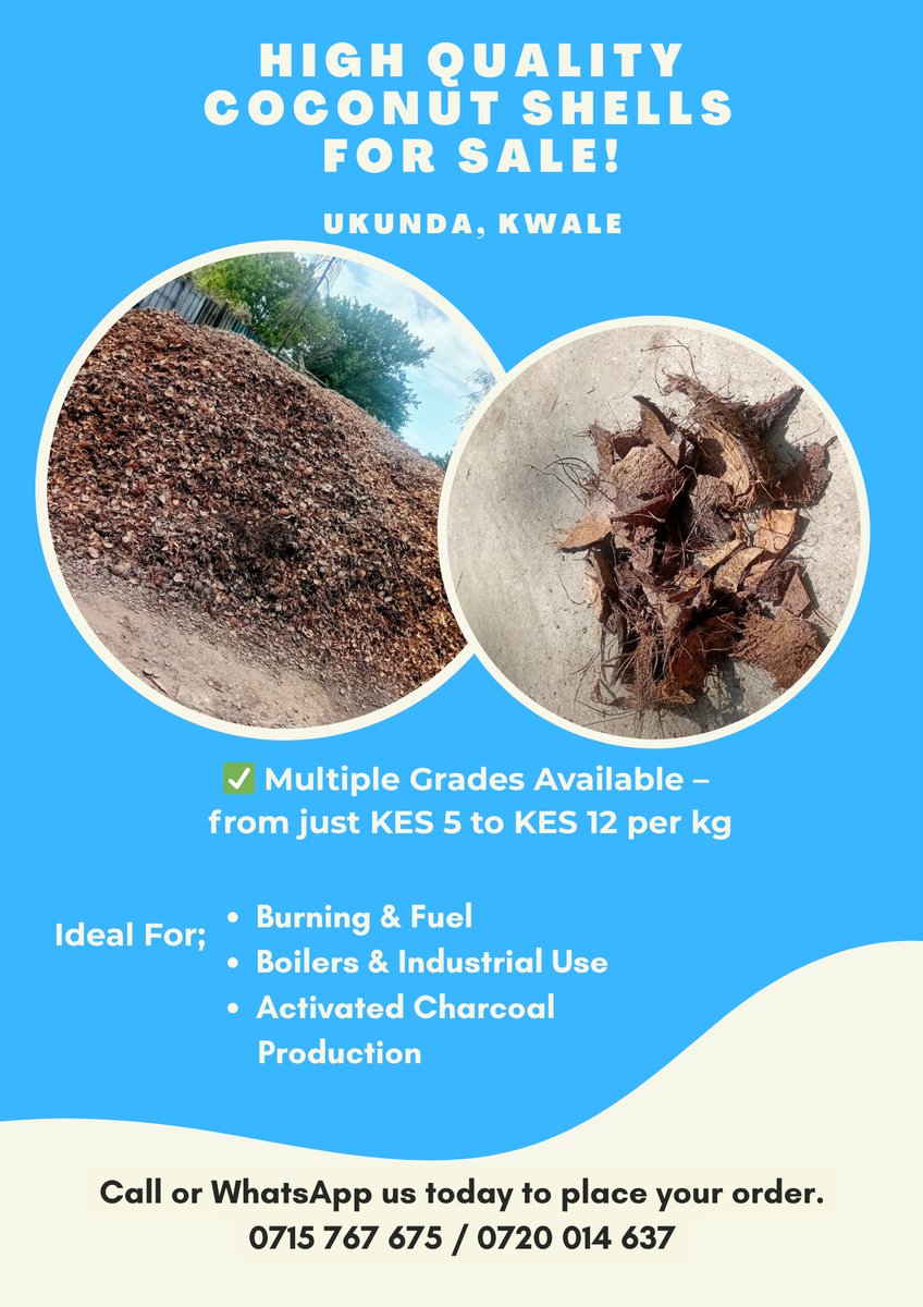 Bulk Coconut Shells For Sale - Ukunda, Kwale

We have 50,000Kg of high quality Coconut Shells available immediately!

√ Perfect for fuel, industrial use, boilers &amp; charcoal production

√ Multiple grades available 

Call or WhatsApp: 0715 767 675/0720 014 637

#Ukunda #Coconuts