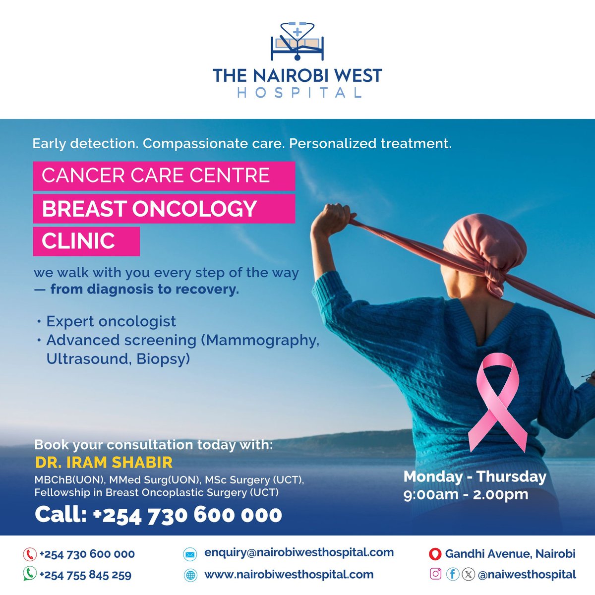At The Nairobi West Hospital’s Oncology Clinic, we’re committed to guiding you with expert care every step of the way, from initial diagnosis to full recovery.

Our highly skilled team offers comprehensive cancer care, including advanced screening services such as mammography,