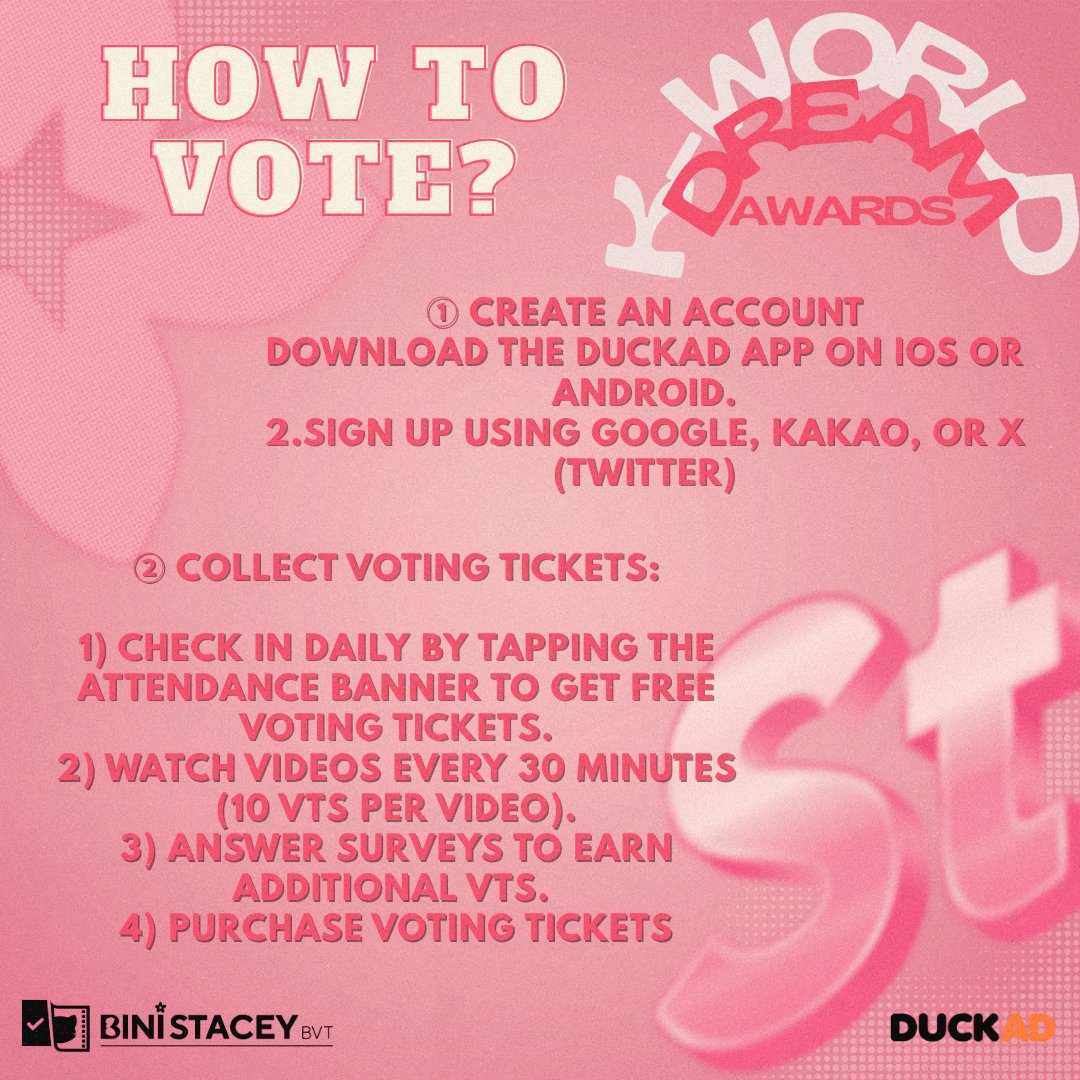 BiniStaceyBVT's tweet image. BINI is nominated for the K-WORLD DREAM AWARDS 2025 and the JUPITER MUSIC AWARDS 2025 ✨
The K-WDA voting is now in its final round — make sure to collect and vote on DuckAd to help BINI stay on top.
For the Jupiter Music Awards, don’t forget to vote daily through their…