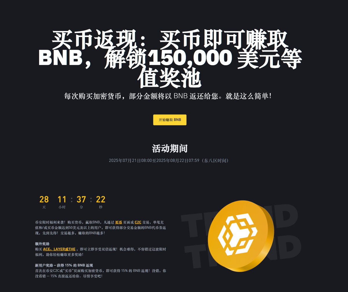 币安送BNB 了！还能瓜分高达15 万美元总奖池！🎉 🪙 买币就能领BNB 返现，最高返15%！ 只要你通过币安的“买币”页面或者