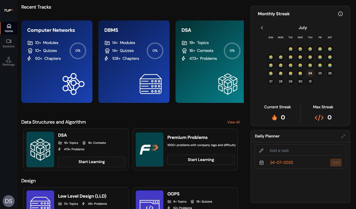 Devangineer's tweet image. Guess who just leveled up?💥 
Won the giveaway and now I’m ready to dive into TUF+ with @striver! 🚀
Can't wait to unlock all the exclusive content and crush my goals. Let's gooooo! 💪 
Thank you @striver! 🚀
#StriverTUFplus #Grateful