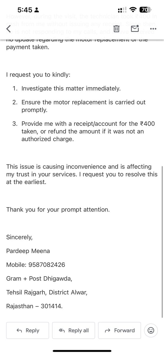 pardeepmeena908's tweet image. “Godrej technician took ₹400 cash without receipt during service visit (Call No. J2007264468, CSN 571). No response since, and motor replacement pending. Please resolve urgently.   #godrej #consumercomlaint #serviceissue #customersupport #india