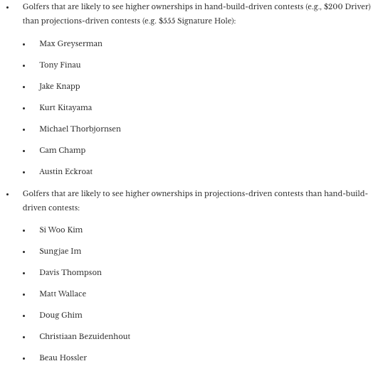 wahoowaaa's tweet image. Every week at @EstablishTheRun we project @DraftKings small-field ownership for @ETRGolf. We also detail the nuances between handbuild-driven contests (e.g. $200 Driver) and projections-driven contests (e.g. $555 Sig. Hole). Here are the biggest gaps between the two for #3MOpen: