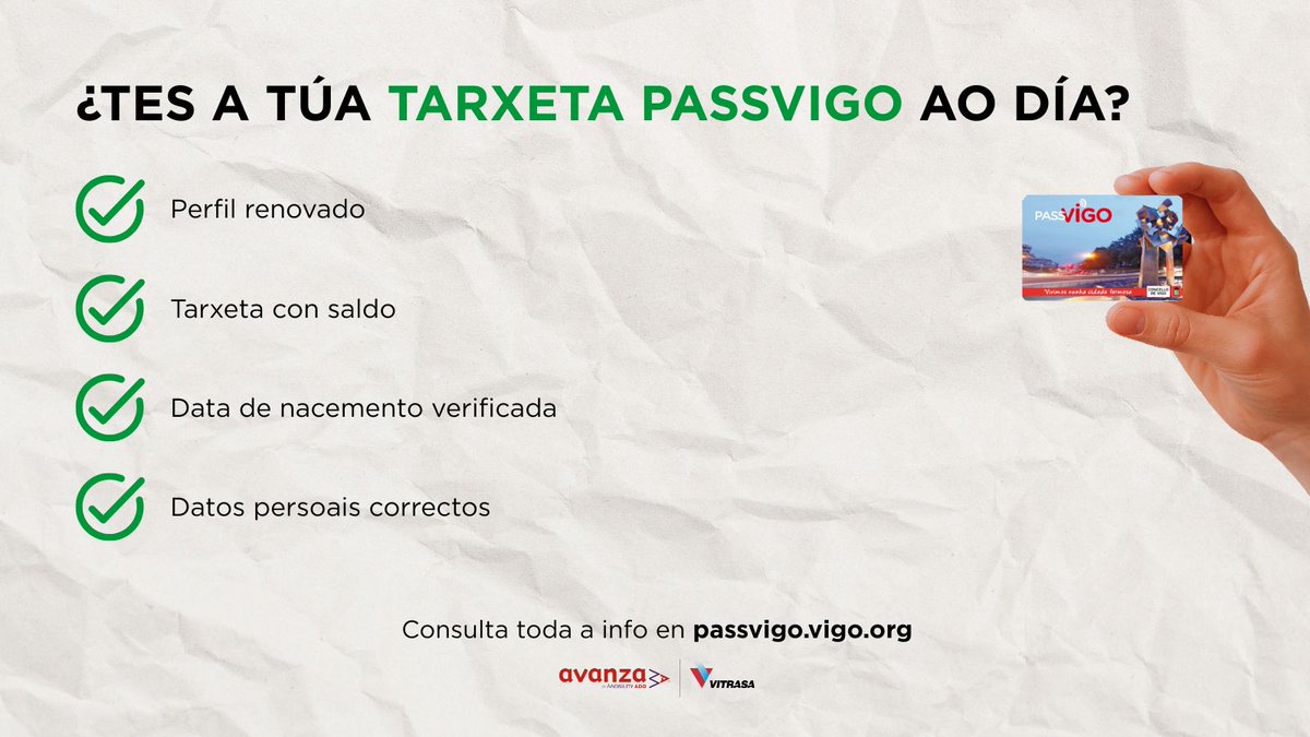 🚌🎓 Se es estudante ou menor de 15, revisa a túa PassVigo antes de viaxar:

🔄 Renova perfil
📅 Verifica datas
🧾 Revisa datos
💰 Comproba saldo

📲 Info: passvigo.vigo.org

#Vitrasa #MobilidadeSostible #VigoMola #TransporteUrbano #Vigo