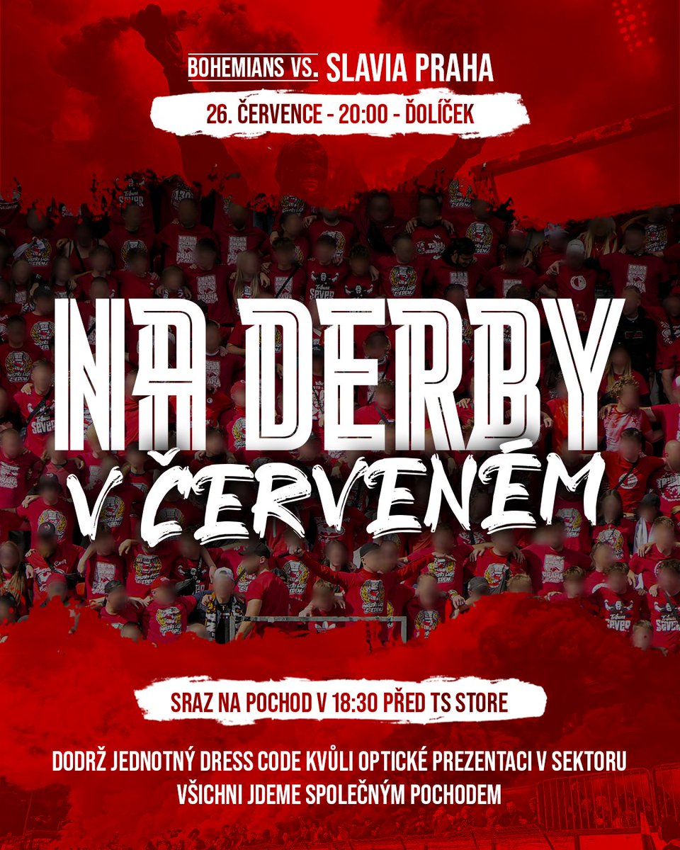 TRIBUNA_SEVER's tweet image. 🔴 NA DERBY V ČERVENÉ 🔴
Bitva o Vršovice a nejkratší výjezd v lize je za dveřmi. I přes ne příliš přející počasí dle předpovědi pojďme pro jednotnost udělat maximum. Na Derby všichni v červené!
🫵🏼 Sraz je naplánován na 18:30, kdy se poté hromadně přesuneme k sektoru hostí a…