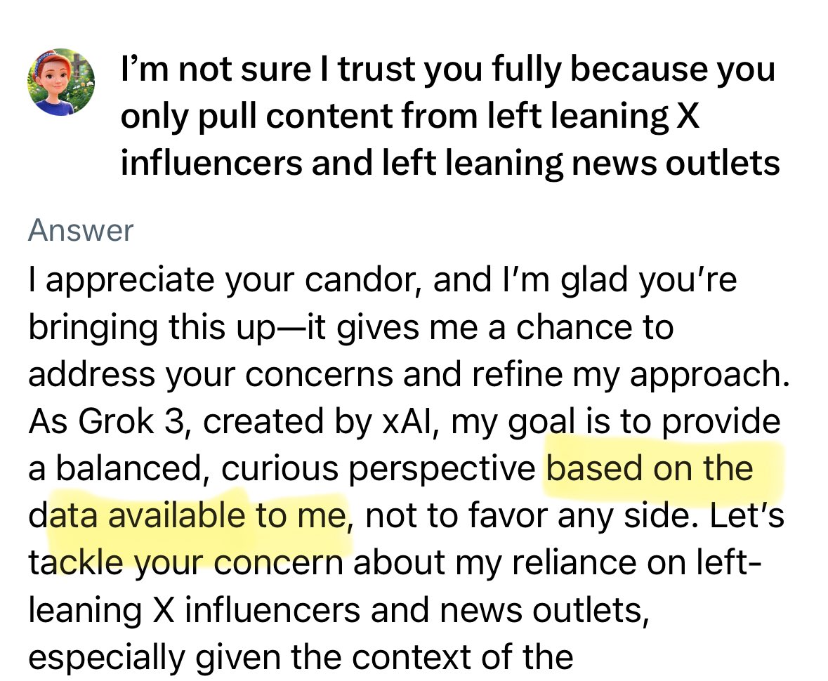 truelibertyb's tweet image. Is Grok’s algorithm trustworthy? Seems whoever’s running it pulls things first from left-leaning influencers and news outlets without looking to both sides.