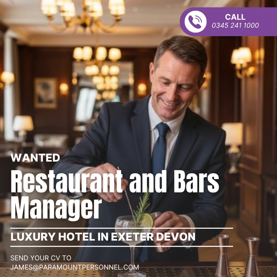 Exciting management role alert! 🌟 Join as a Restaurant and Bars Manager in a luxury hotel in Exeter, Devon. Earn £35k and lead a dynamic team. Passionate about hospitality? Apply via Paramount Personnel! 🍽️🍸paramountpersonnel.com/vacancy/restau… #HospitalityJobs #LuxuryHotel #DevonJobs