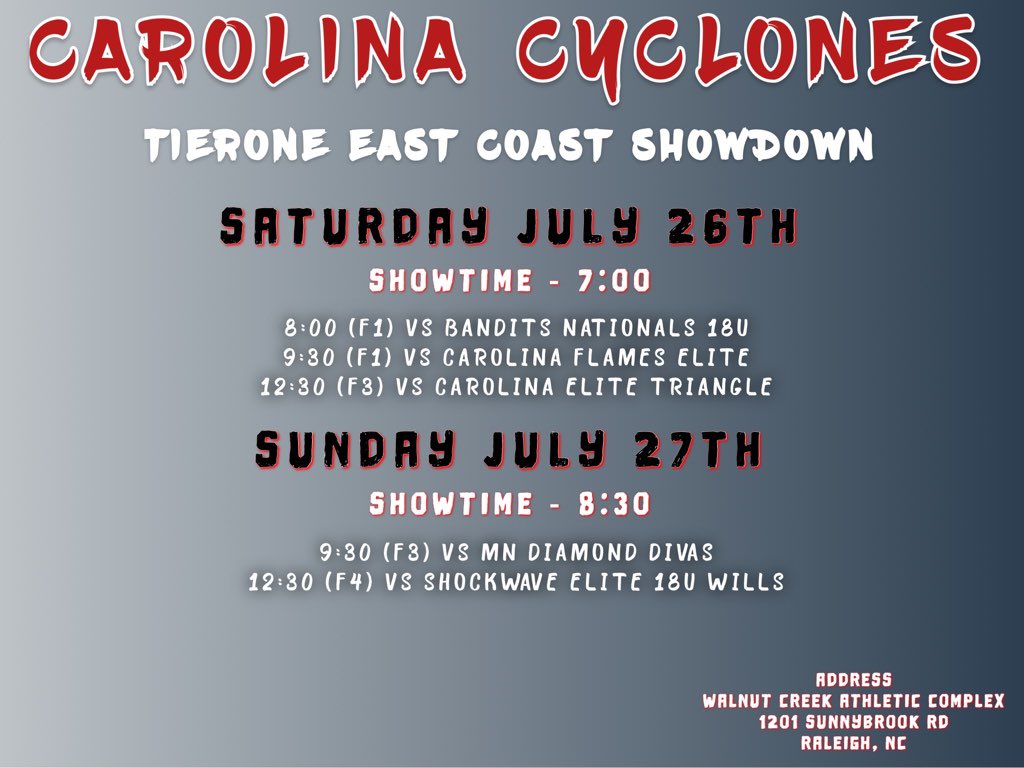 Can’t wait to play this weekend at the Tierone East Coast Showdown!!
<a href="/joewhit77649469/">Carolina Cyclones Showcase (18u)-Joe White</a> <a href="/cyclones2627/">CarolinaCyclones2627</a> <a href="/softballferrum/">Ferrum Softball</a> <a href="/MUMonarchsSB/">Methodist University Softball</a> <a href="/Coach_M_Booth/">Meredith Booth</a> <a href="/lynchburg_sb/">Lynchburg Softball</a> <a href="/LadyBantams/">USC Union Lady Bantams</a> <a href="/WakeTechSB/">Wake Tech Softball</a>