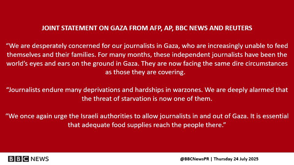 Dori Toribio (@doritoribio) on Twitter photo Joint statement from <a href="/AFP/">AFP News Agency</a>, <a href="/AP/">The Associated Press</a>, <a href="/BBCNews/">BBC News (UK)</a> and <a href="/Reuters/">Reuters</a>:
“We are desperately concerned for our journalists in Gaza, who are increasingly unable to feed themselves and their families.” reutersagency.com/media-centre/j… Joint statement from <a href="/AFP/">AFP News Agency</a>, <a href="/AP/">The Associated Press</a>, <a href="/BBCNews/">BBC News (UK)</a> and <a href="/Reuters/">Reuters</a>:
“We are desperately concerned for our journalists in Gaza, who are increasingly unable to feed themselves and their families.” reutersagency.com/media-centre/j…