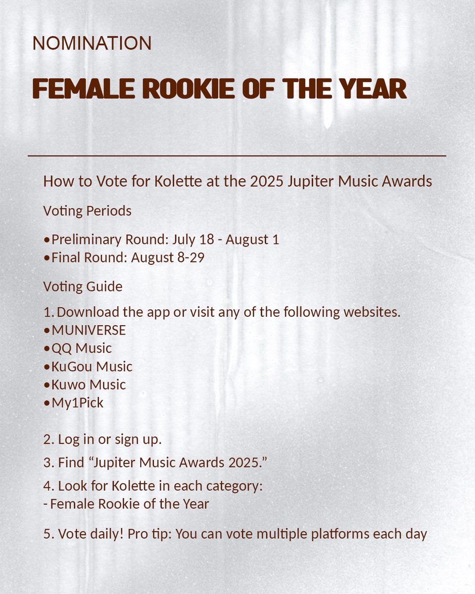 Star Music PH (@starmusicph) on Twitter photo .<a href="/kolettemadelo/">Nyckolette Madelo</a> has been nominated at the 2025 Jupiter Music Awards! 📀🎶
📌 Female Rookie of the Year
Voting runs from July 18 to August 1 for the preliminary round, and August 8 to 29 for the final round. 🗳
You can vote on MUNIVERSE, QQ Music, KuGou Music, Kuwo Music, and .<a href="/kolettemadelo/">Nyckolette Madelo</a> has been nominated at the 2025 Jupiter Music Awards! 📀🎶
📌 Female Rookie of the Year
Voting runs from July 18 to August 1 for the preliminary round, and August 8 to 29 for the final round. 🗳
You can vote on MUNIVERSE, QQ Music, KuGou Music, Kuwo Music, and