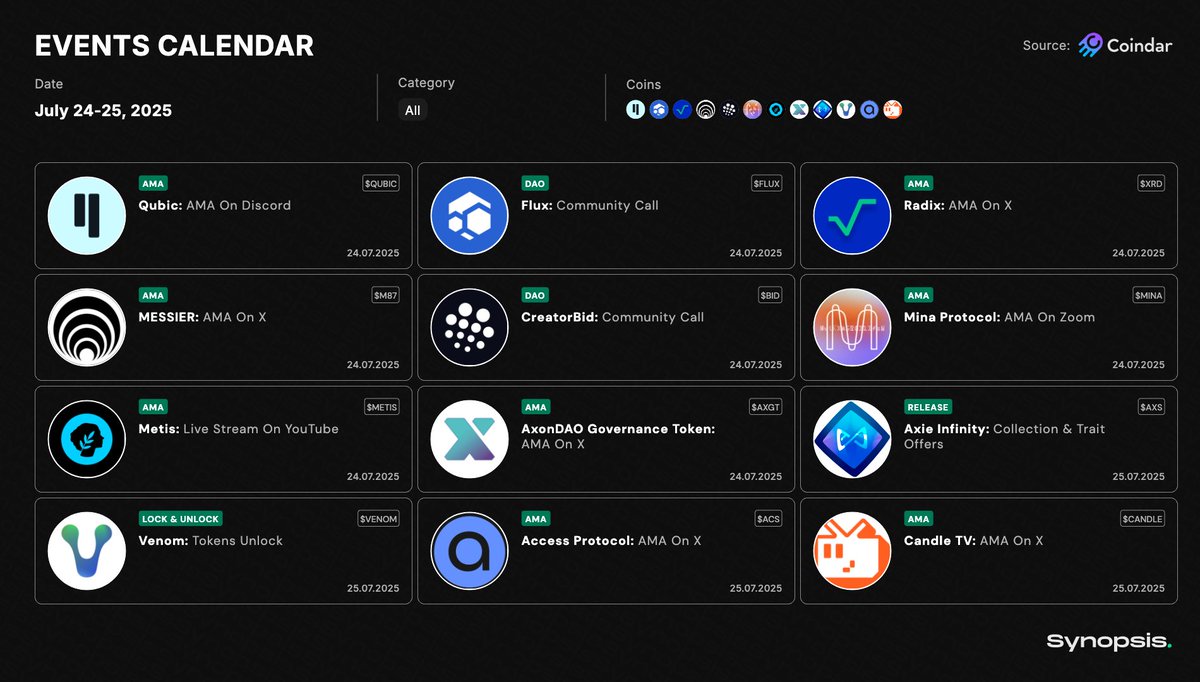 🗓 Top Crypto Events: July 24-25, 2025 $QUBIC | $FLUX | $XRD | #M87 $BID |  $MINA | $METIS | $AXGT $AXS | $VENOM | $ACS | $CANDLE #AMA | #DAO | #