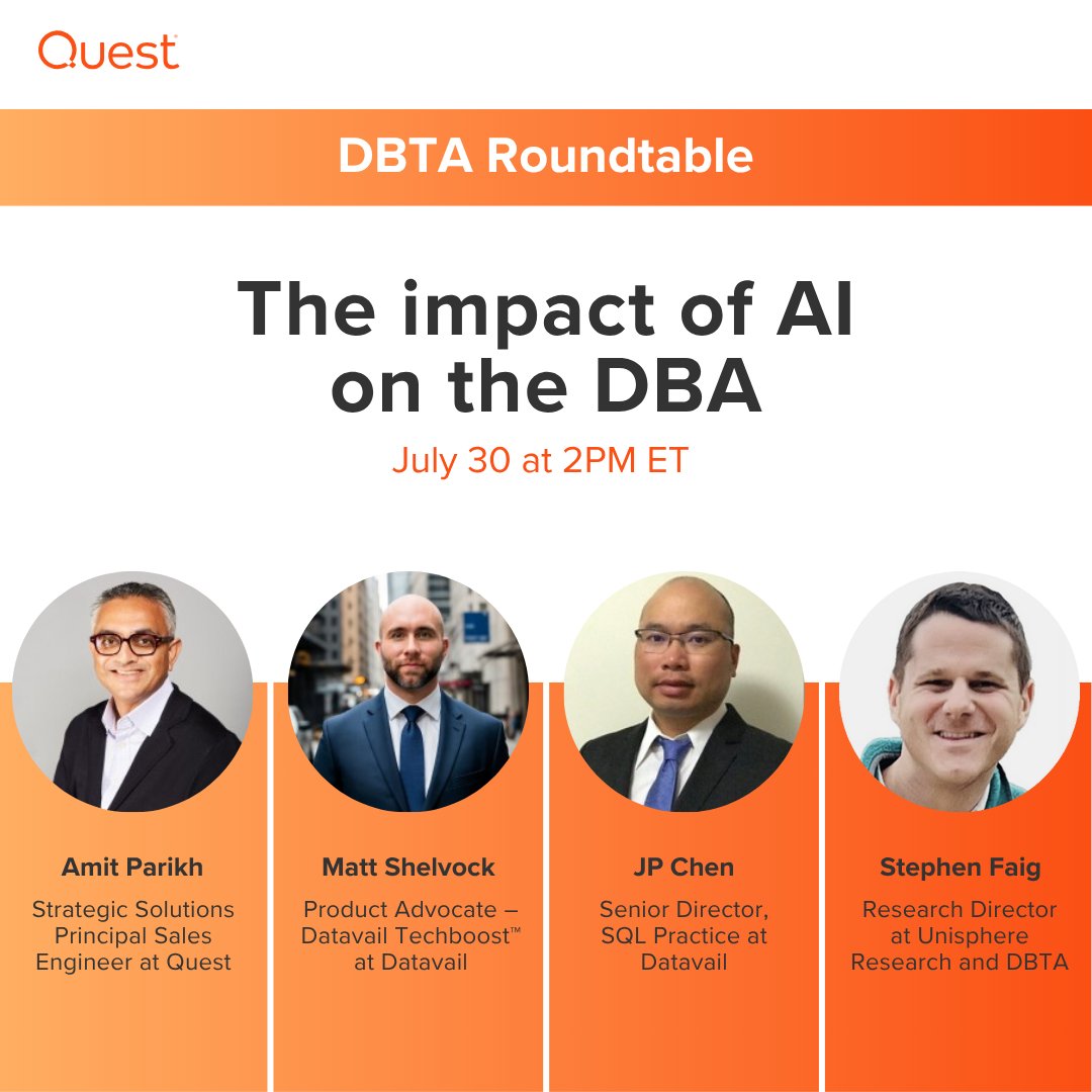 AI is changing the DBA role, automating routine work and shifting the focus to strategy and multi-platform environments.

Join experts from Quest, Datavail &amp; DBTA on July 30 to explore how AI is reshaping database management.👉 okt.to/bcFtdu