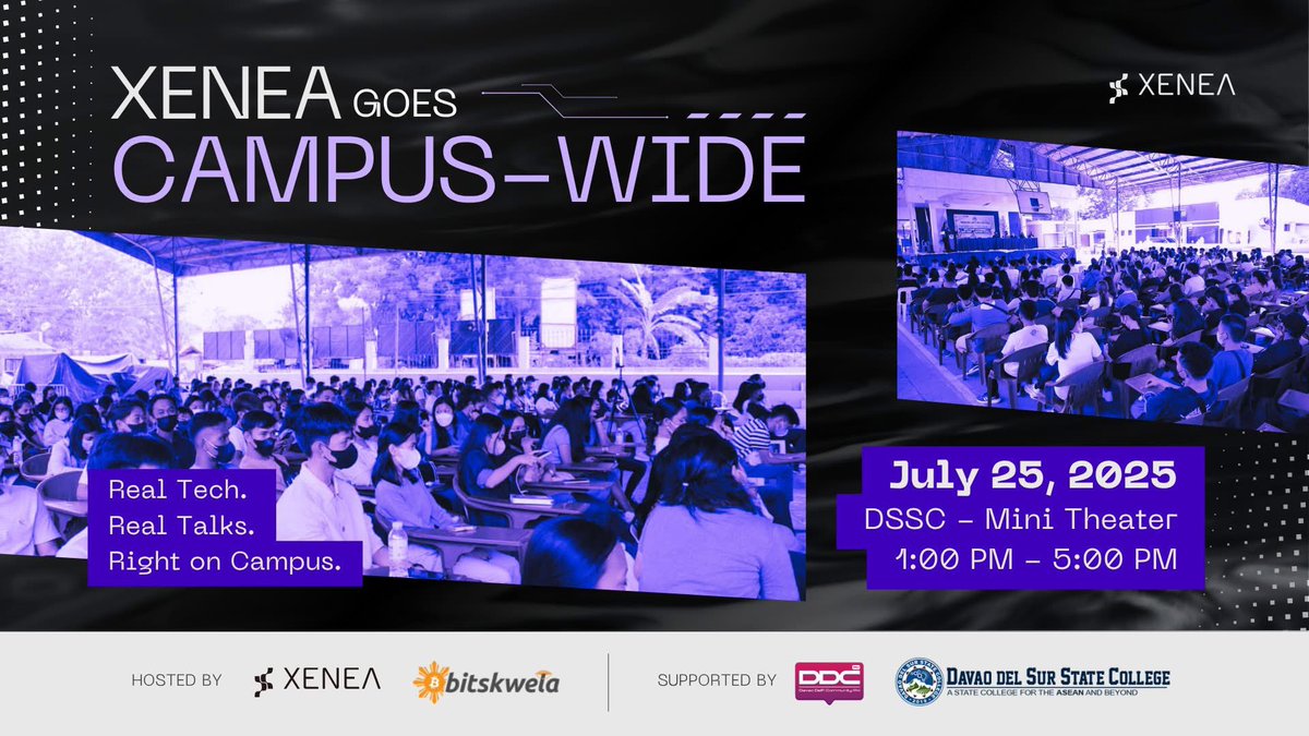 bitskwela's tweet image. Bitskwela is heading to Davao del Sur State College with @Xenea_io and @DavaoDefi for a campus-wide blockchain experience! π
Get ready for keynote talks, Web3 trivia, and roundtable convos as we dive deep into decentralized tech and real-world asset tokenization.
π July 25,β¦