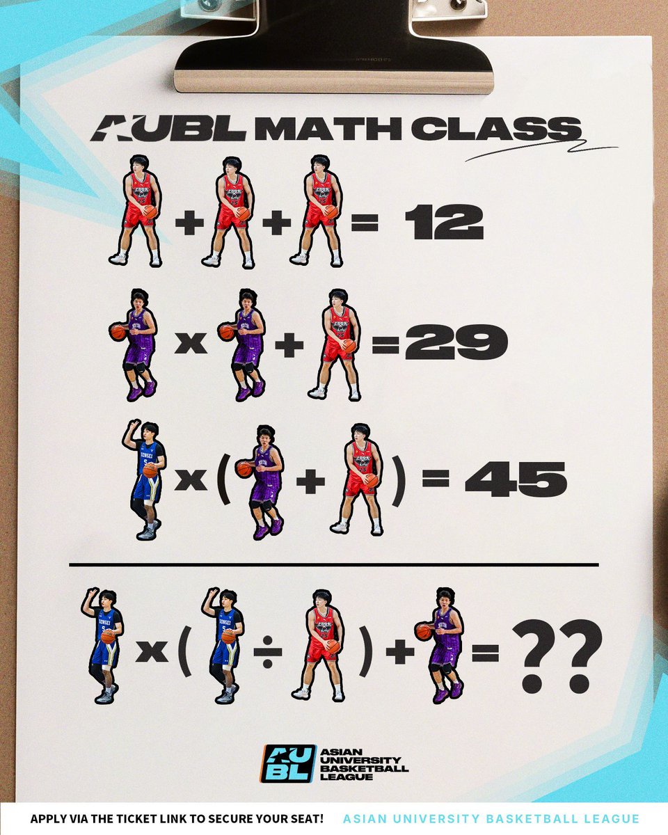 aubl_bball's tweet image. 🧠 Hoop Meets Math — Can You Crack the Code?
Three players. One final equation. Think you’ve got the skills to solve it? 🏀💡
Drop your answers below &amp;amp; prove you&apos;re the smartest baller on this feed.👇

Tag a friend who needs to see this! 🧮🔥

#AUBL #CollegeBasketball #hangzhou