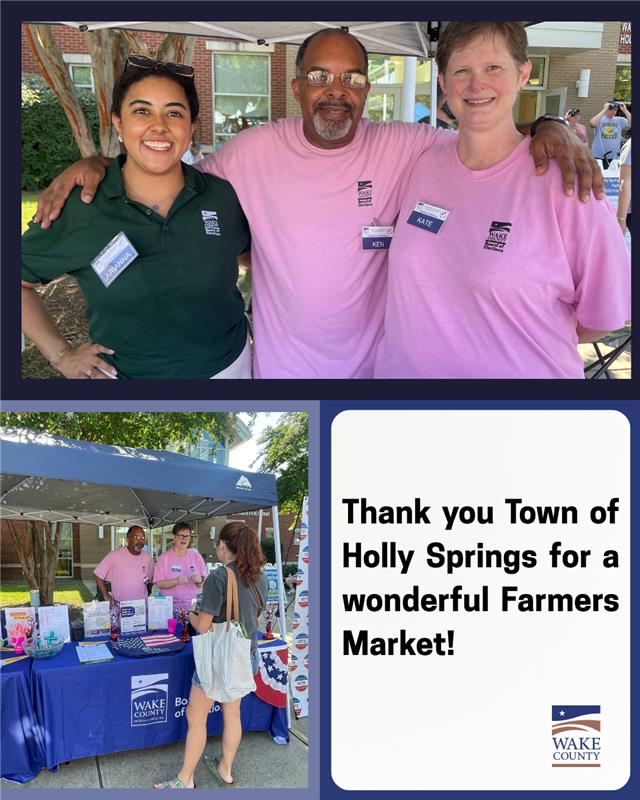 Our BOE staff assisted Wake County citizens with registering to vote, signing up to volunteer, requesting voter photo IDs, and making address updates! Please join us again on Saturday, July 26 and August 9 at the <a href="/ToHollySprings/">Town of Holly Springs, NC</a> Farmers Market!