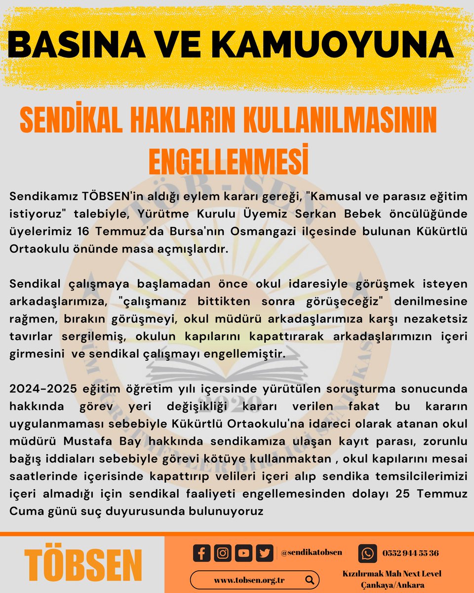 sendikatobsen's tweet image. Sendikal çalışmayı engellemeye çalışan, kayıt dönemi devam ederken mesai saatlerinde okulun kapılarını sendika temsilcimize ve genel merkez yöneticimize kapattıran, hakkında sürgün kararı uygulanmayan, geçmiş dönem AKP milletvekili aday adayı olan Okul Müdürü Mustafa Bay…