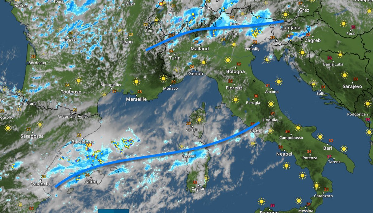 Alpenweerman's tweet image. Een hoogtelaag, nu nog met kern boven Frankrijk, trekt de komende 48 uur naar het N van Italie. Daarmee samengaande fronten en hoogtetroggen zorgen vandaag (1) en ook morgen (2) voor talrijke regen en onweersbuien in het westelijke MZ gebied tot over de Alpen en N-Italie. Vooral…