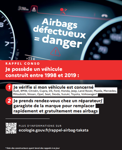 #Information |  🚗⚠️ Pour rappel, des airbags takata ont été identifiés comme défectueux et présentent un danger !

Si vous possédez un véhicule construit entre 1998 et 2019:
- Vérifiez si votre véhicule est concerné.
- Prenez rendez-vous chez un réparateur/garagiste de la marque
