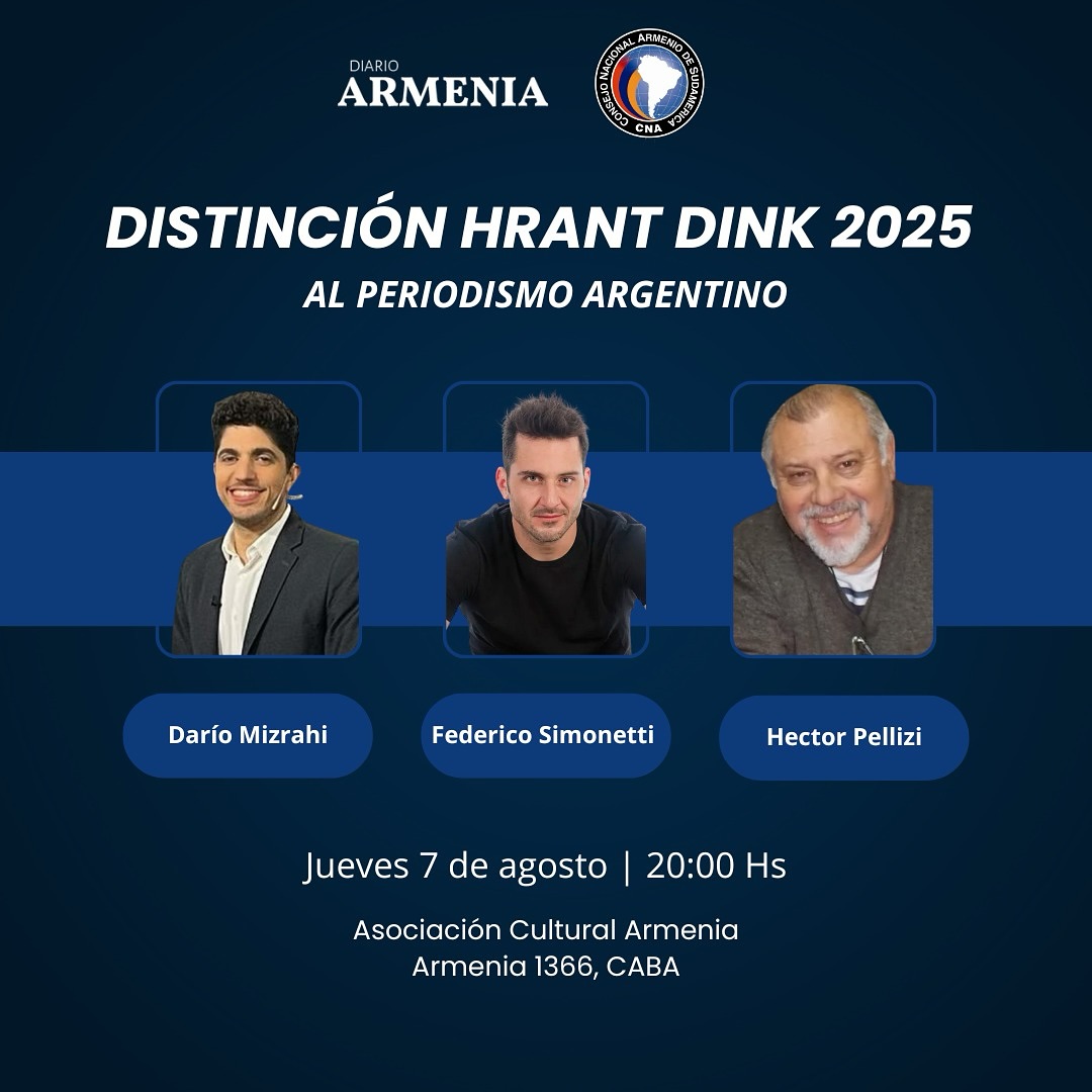 Diario Armenia (@diarioarmenia) on Twitter photo Los periodistas Darío Mizrahi (<a href="/dariomizrahi/">Darío Mizrahi</a>), Federico Simonetti (<a href="/fedesimonetti/">Federico Simonetti</a>) y Héctor Pellizzi (<a href="/PellizziHector/">Hector Pellizzi</a>) recibirán la distinción Hrant Dink 2025 otorgada por el <a href="/CNA_Sudamerica/">CNA de Sudamérica</a> diarioarmenia.org.ar/los-periodista… Los periodistas Darío Mizrahi (<a href="/dariomizrahi/">Darío Mizrahi</a>), Federico Simonetti (<a href="/fedesimonetti/">Federico Simonetti</a>) y Héctor Pellizzi (<a href="/PellizziHector/">Hector Pellizzi</a>) recibirán la distinción Hrant Dink 2025 otorgada por el <a href="/CNA_Sudamerica/">CNA de Sudamérica</a> diarioarmenia.org.ar/los-periodista…