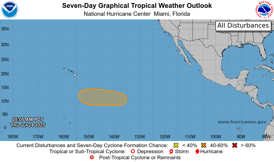 NHC_Pacific's tweet image. 24 July: An area of low pressure is forecast to develop well to the southeast of the Hawaiian Islands by this weekend.  Some gradual development is possible and a tropical depression could form while the system moves generally westward. For more visit hurricanes.gov