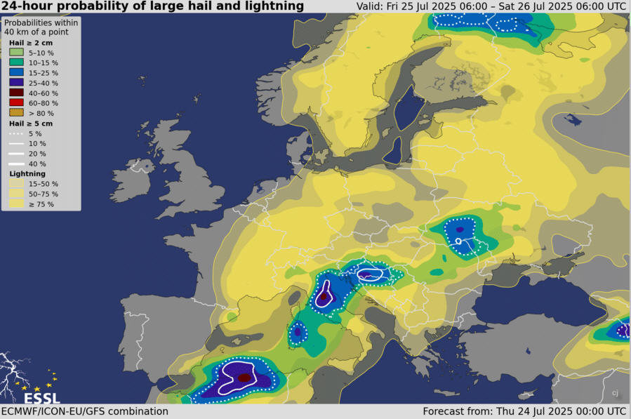 Alpenweerman's tweet image. Een hoogtelaag, nu nog met kern boven Frankrijk, trekt de komende 48 uur naar het N van Italie. Daarmee samengaande fronten en hoogtetroggen zorgen vandaag (1) en ook morgen (2) voor talrijke regen en onweersbuien in het westelijke MZ gebied tot over de Alpen en N-Italie. Vooral…