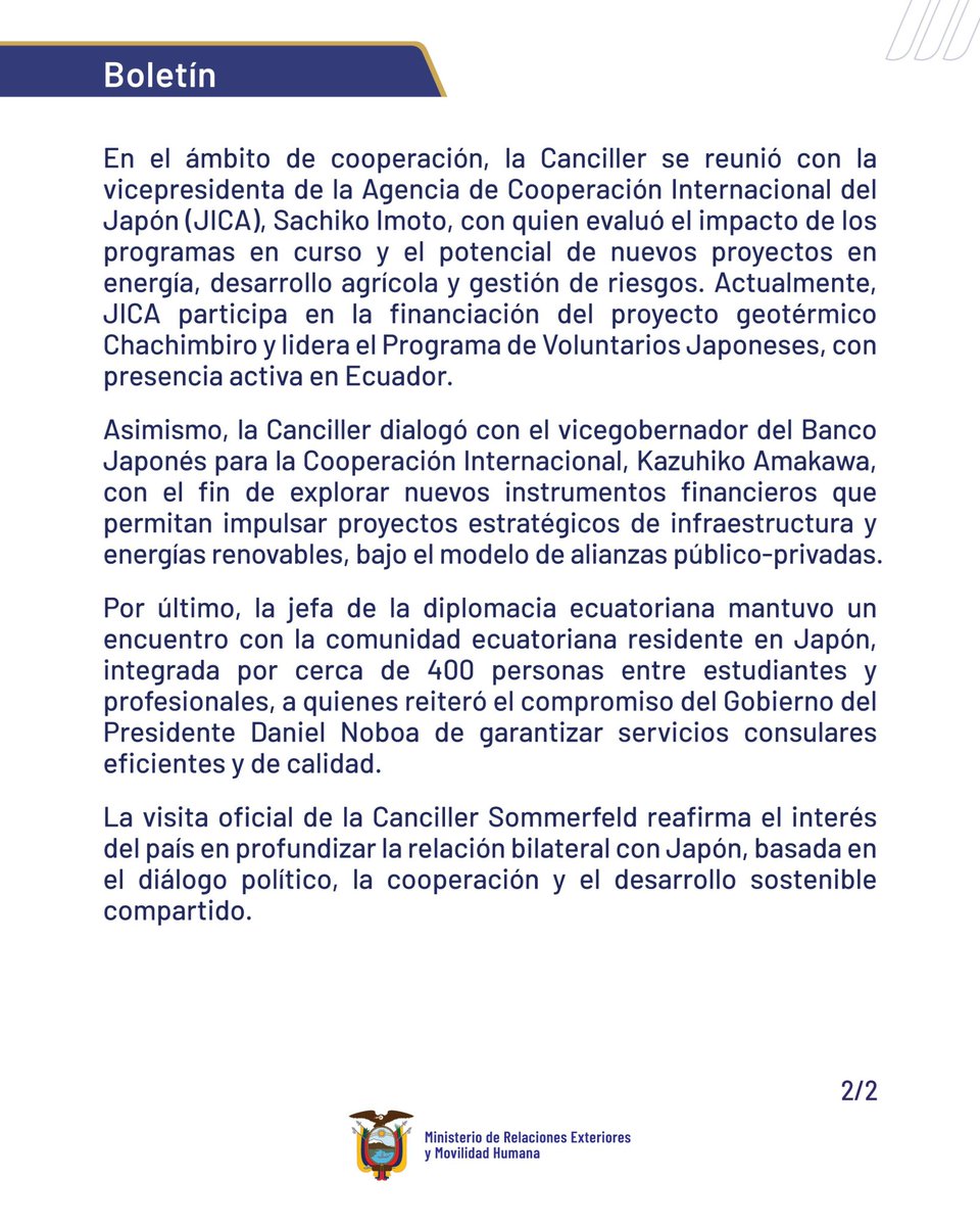 Boletín | Ecuador busca avanzar hacia un acuerdo de asociación económica con Japón.