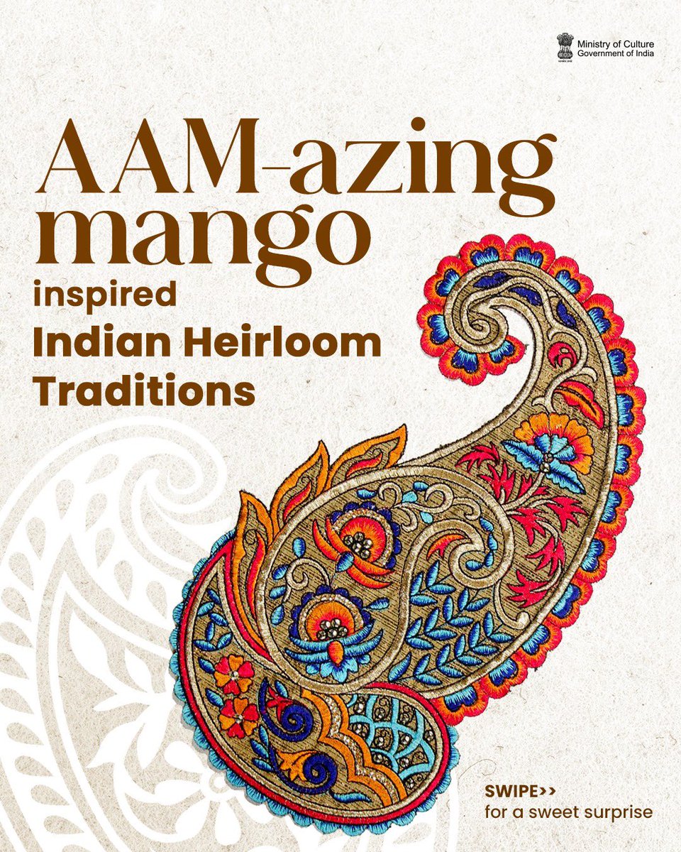 MinOfCultureGoI's tweet image. From inspiring heirloom jewellery designs to traditional weaves, mangoes have done far more than just sweetening our summer. SWIPE to see if you can spot a mango-inspired design in your wardrobe🥭
#MyCultureMyPride #CultureUnitesAll